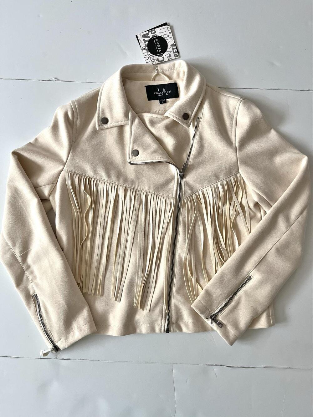 Coalition LA Jacket Womens L White Cream Fringe Moto Biker Western Suede Zip
